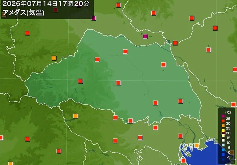 7月14日午後5時20分時点、アメダスによる埼玉県内の気温（気象庁HP参照）
