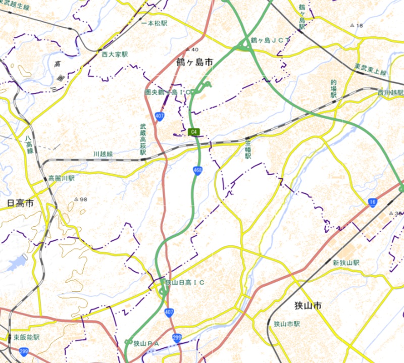 鶴ヶ島ジャンクション（JCT）―狭山日高（IC）周辺の地図（国土地理院のHP参照）