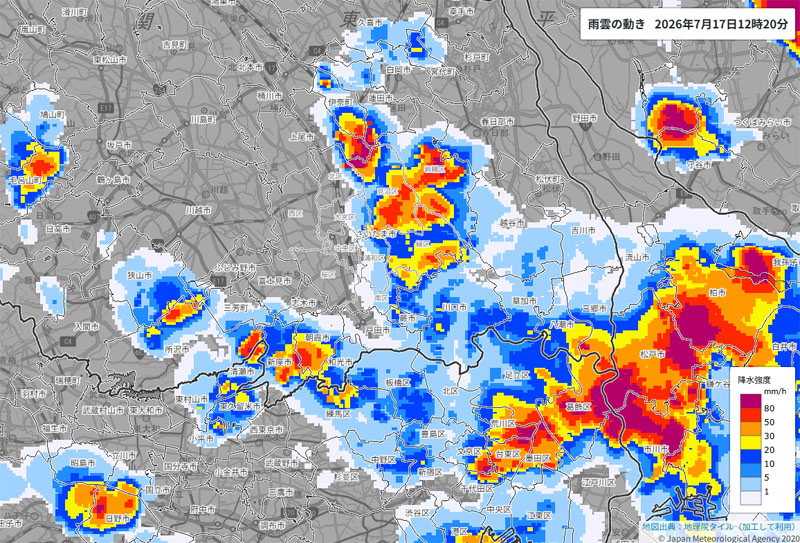 雨雲の位置＝7月17日午後0時20分時点、気象庁より