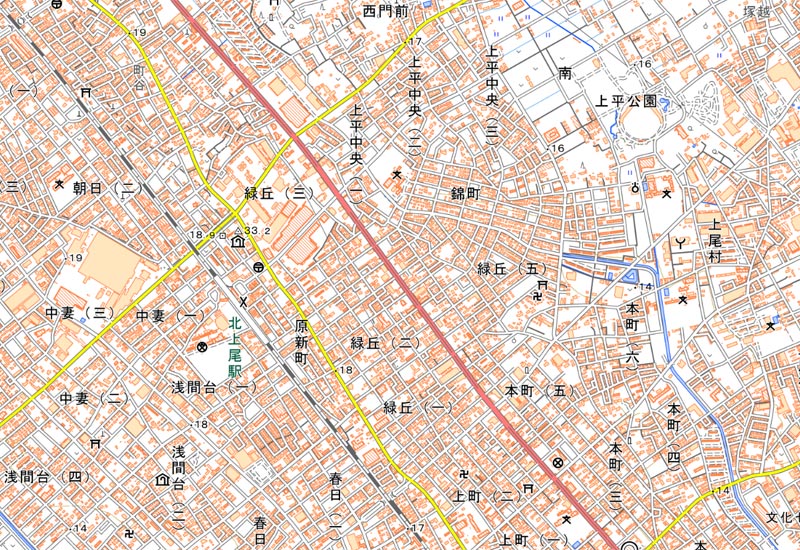 上尾市緑丘3丁目7-20周辺の地図（国土地理院HPより）