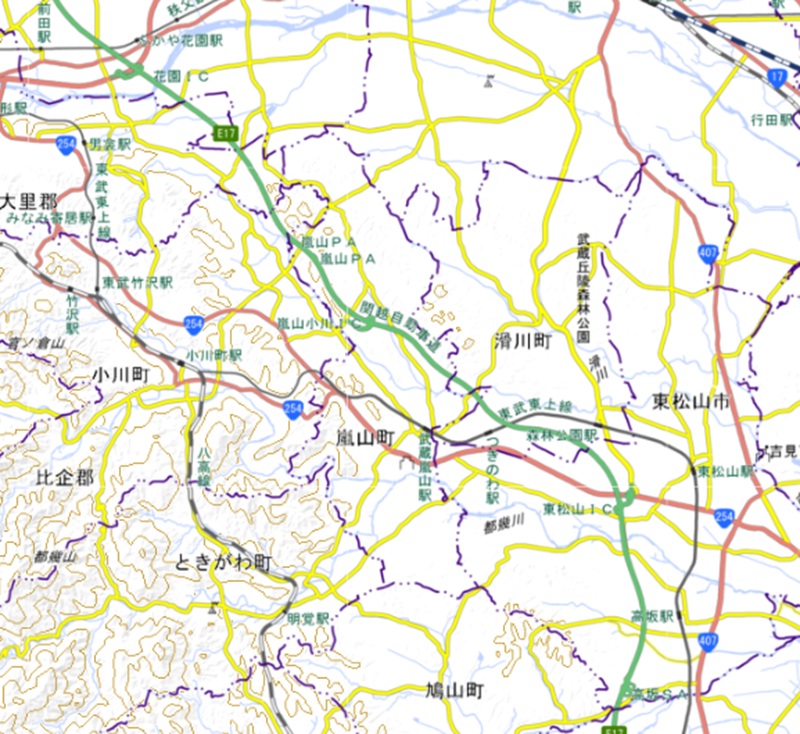関越道花園IC-鶴ヶ島JCT周辺の地図（国土地理院のHP参照）