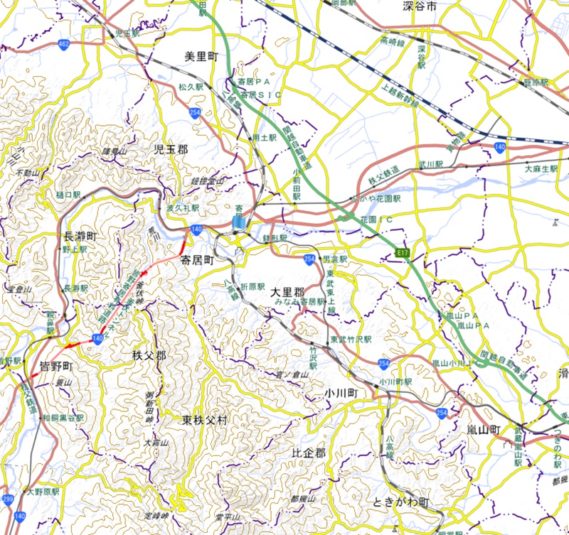 関越道、寄居PA・SIC、嵐山小川IC周辺の地図（国土地理院のHP参照）