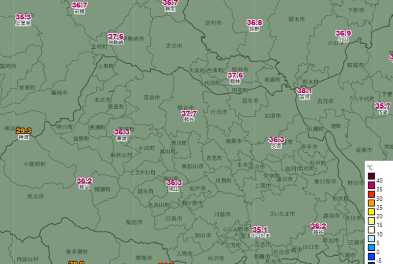 21日午後4時現在の埼玉の気温（気象庁のHP参照）