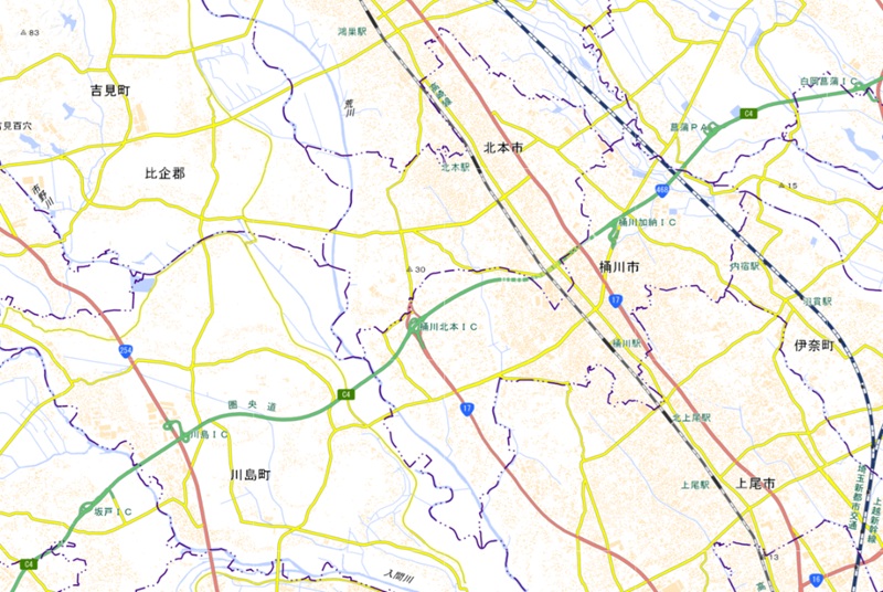 坂戸インターチェンジ（IC）ー白岡菖蒲IC周辺の地図（国土地理院のHP参照）