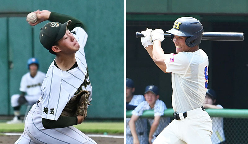（左）勝負度胸とテンポの良さで打者を抑える昌平の吉田裕　（右）準々決勝までの5試合で打率7割超えの花咲徳栄の3番笹崎