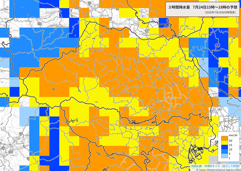 予想される3時間降水量。24日午後3～6時の様子＝24日午前5時発表、気象庁HPより