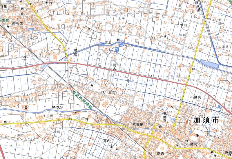 加須市岡古井周辺の地図（国土地理院HPより）
