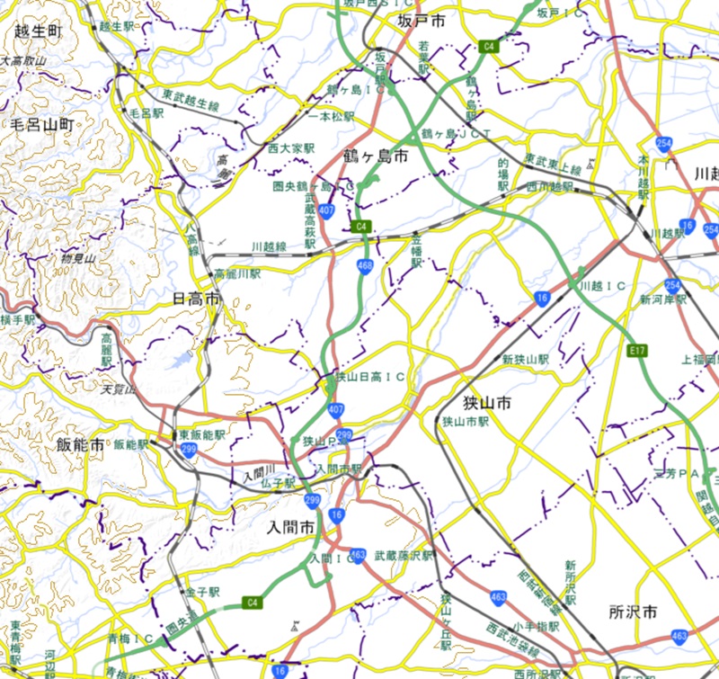 圏央道鶴ヶ島インターチェンジ周辺の地図（国土地理院のHP参照）