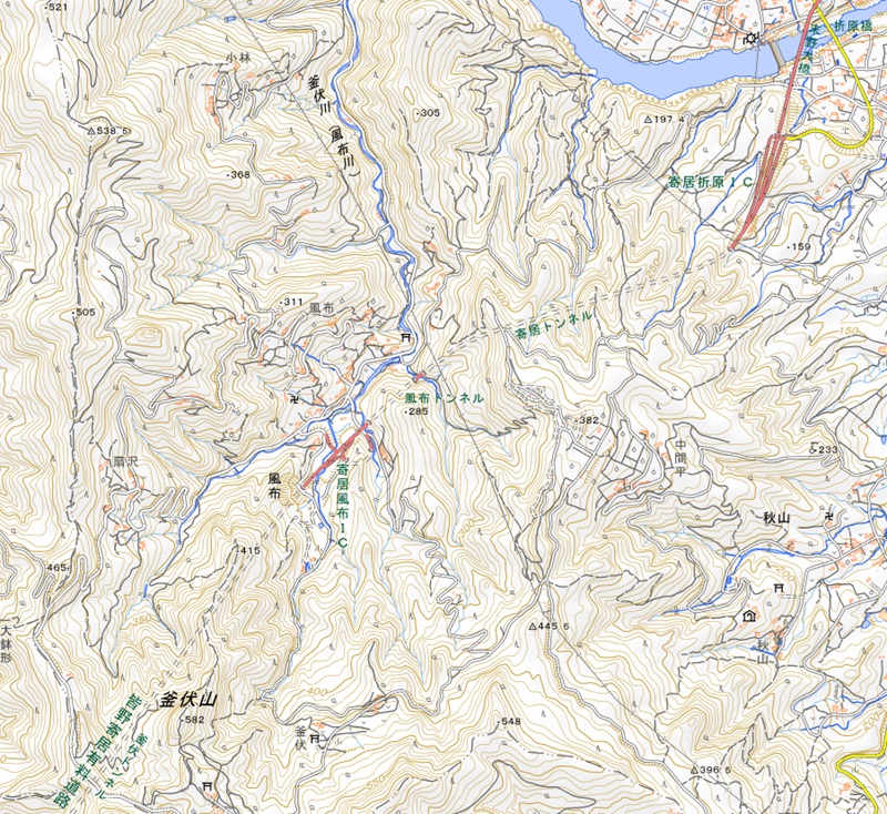 寄居町風布周辺の地図（国土地理院のHP参照）