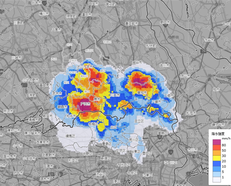 31日午後5時40分ごろ雨雲の位置（気象庁HP参照）