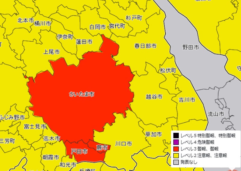 31日午後5時50分ごろ、埼玉県南部でレベル3大雨警報（気象庁HP参照）