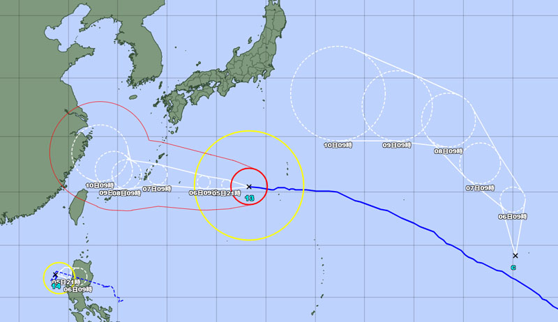 台風13号、台風14号、熱帯低気圧cの位置＝5日午前9時発表、気象庁より