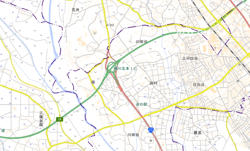 桶川北本インターチェンジ周辺の地図（国土地理院HPより）