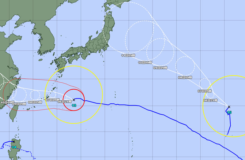 台風13、14、15号の位置＝6日午前10時発表、気象庁より