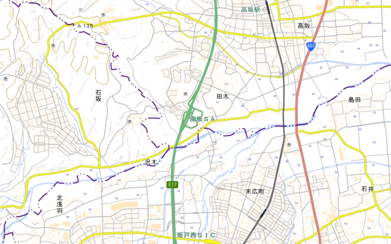 高坂サービスエリア周辺の地図（国土地理院HPより）