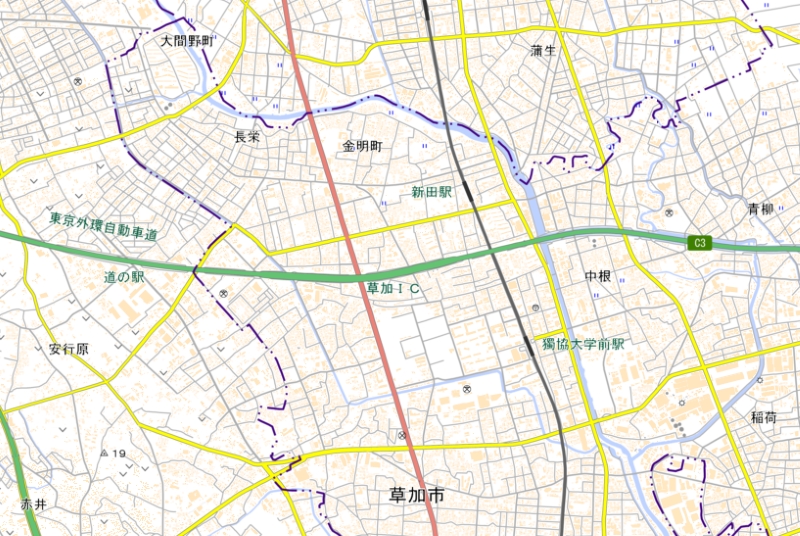 草加インターチェンジ周辺の地図（国土地理院のHPより）