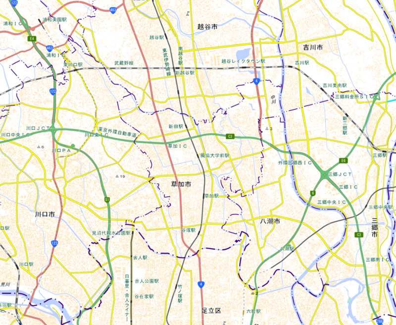 外環三郷西IC―川口東ICの周辺（国土地理院HPより）
