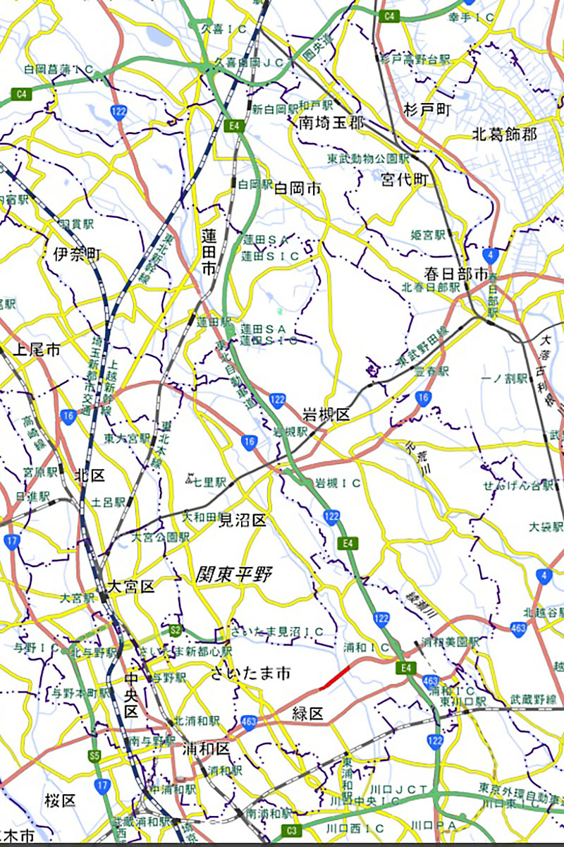 東北道の川口JCT付近から久喜IC付近まで渋滞が発生（国土地理院のHPより）