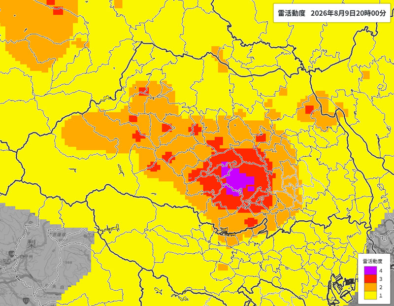 雷活動度＝9日午後8時発表、気象庁より