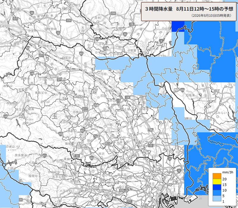 雨のエリア、11日午後0～3時の予想＝10日午前5時発表の3時間降水量、気象庁より