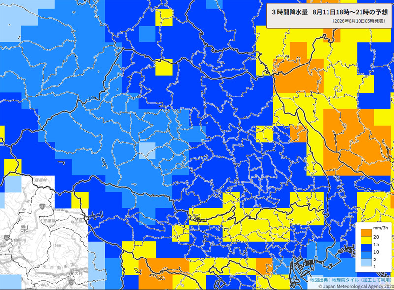 雨のエリア、11日午後6～9時の予想＝10日午前5時発表の3時間降水量、気象庁より