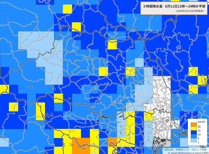 雨のエリア、11日午後9時～12日午前0時の予想＝10日午前5時発表の3時間降水量、気象庁より