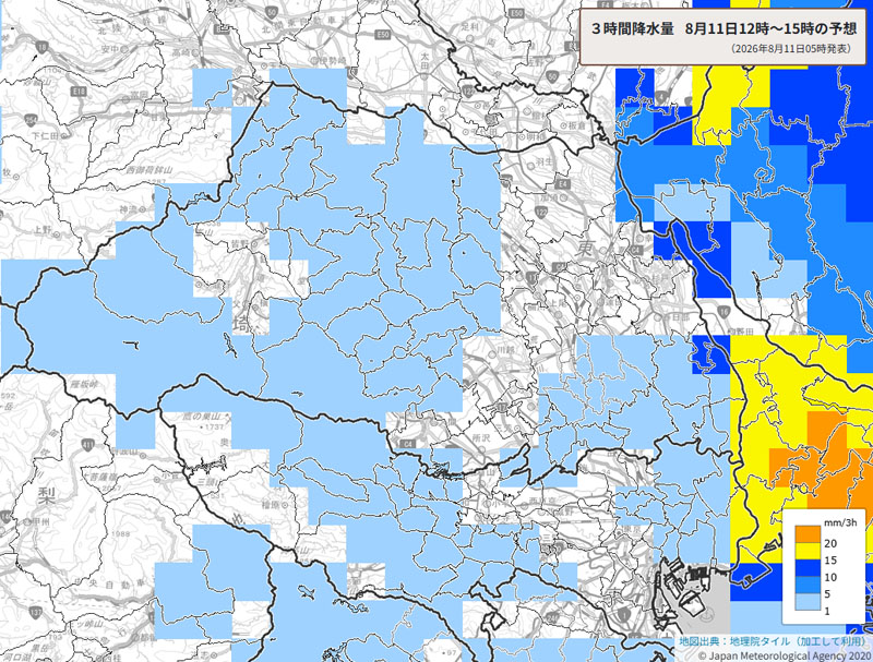 雨のエリア、11日午前9時～午後0時の3時間降水量＝11日午前5時発表、気象庁より