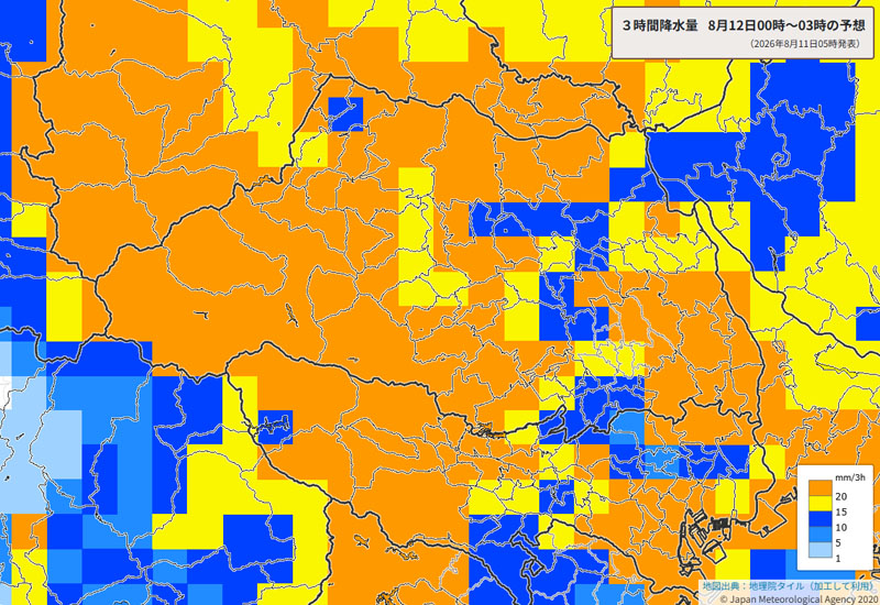 雨のエリア、12日午前0時～3時の3時間降水量＝11日午前5時発表、気象庁より