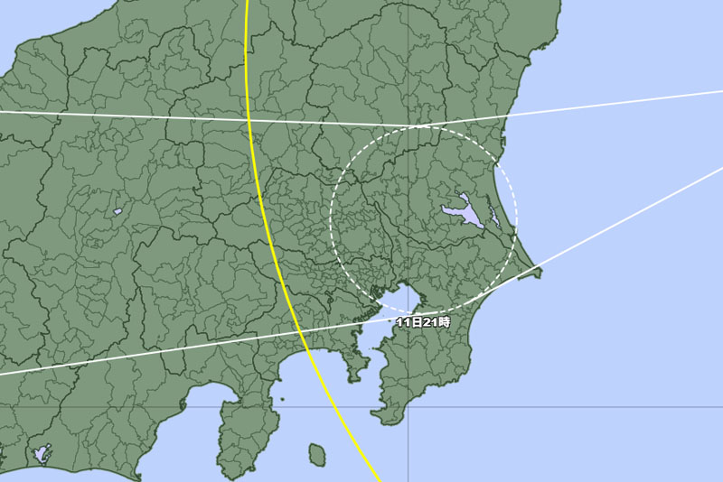台風15号の11日午後9時の予報円に入った埼玉県の市町村＝11日午前9時発表、気象庁より