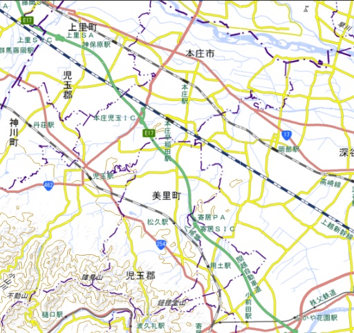 関越道上里SAー寄居PA周辺（国土地理院のHP参照）