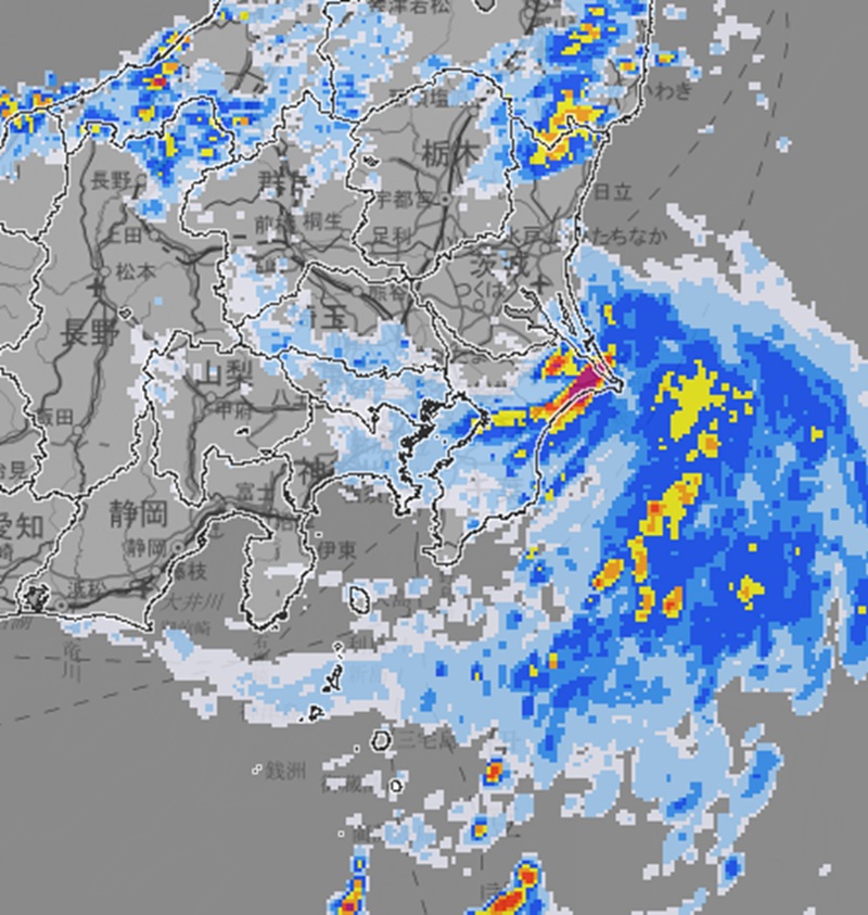 台風まもなく上陸11日午後7時現在の雨雲の動き