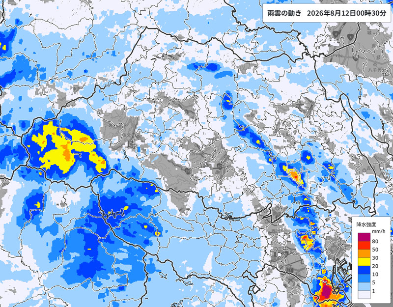 雨雲の位置＝12日午前0時半発表、気象庁より