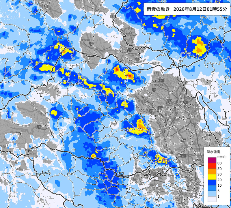 雨雲の位置＝12日午前1時55分発表、気象庁より