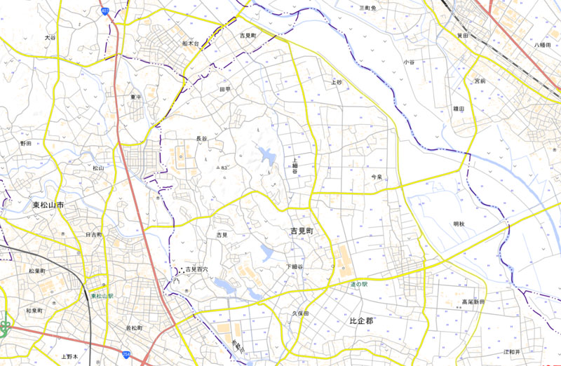 吉見町の停電エリア周辺（国土地理院HPより）