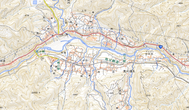 秩父鉄道白久―三峰口駅間周辺の地図（国土地理院HPより）