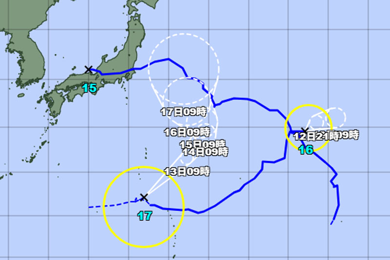 台風の位置＝12日午前9時発表、気象庁より