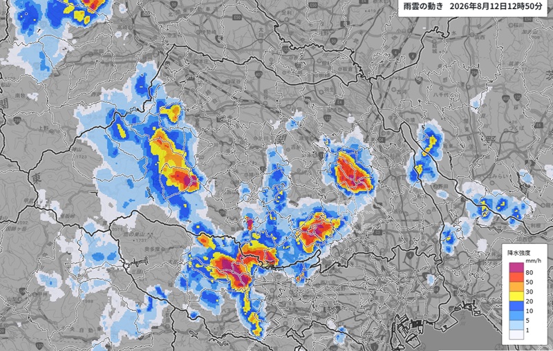 12日午後0時50分現在雨雲の動き（気象庁のHP参照）