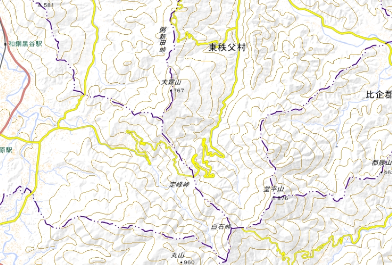 県道11号の通行止め区間周辺の地図（国土地理院HPより）