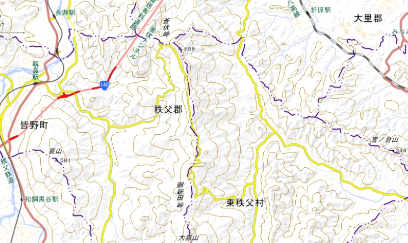 県道361号の通行止め区間周辺の地図（国土地理院HPより）