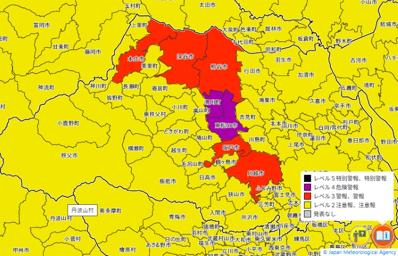 警報の出ている県内の市町村（気象庁HPより）
