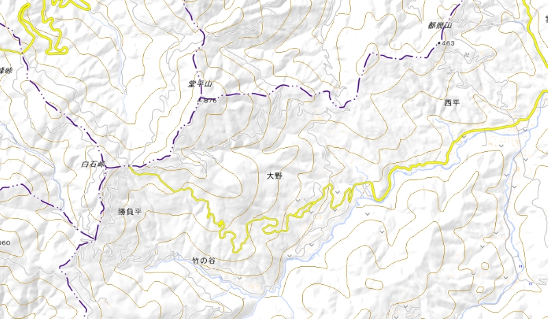 県道172号線の通行止め区間周辺の地図（国土地理院HPより）