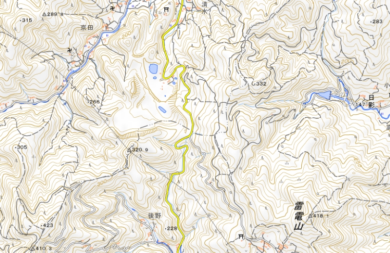 県道273号線の通行止め区間周辺の地図（国土地理院HPより）