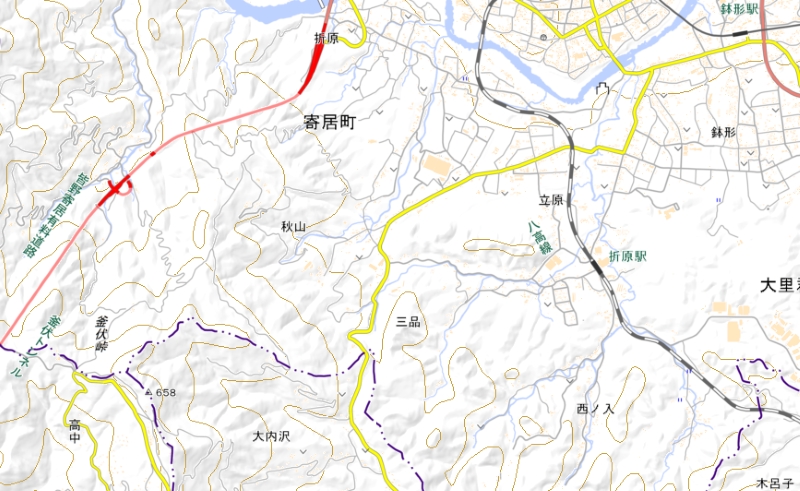 県道294号線の通行止め区間周辺の地図（国土地理院HPより）