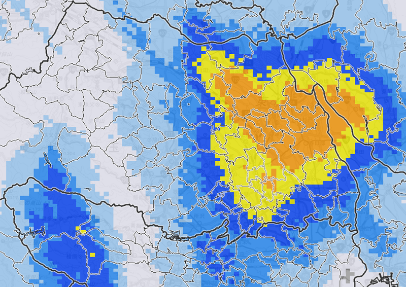 13日午後4時の降水予想（午後2時現在の解析に基づく予想＝気象庁HP参照）