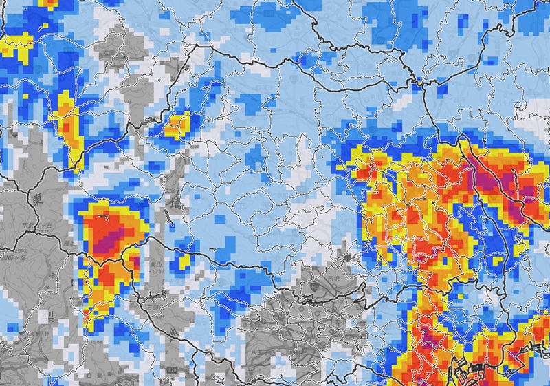 13日午後5時半の降水予想（午後4時半現在の解析に基づく予想＝気象庁HP参照）
