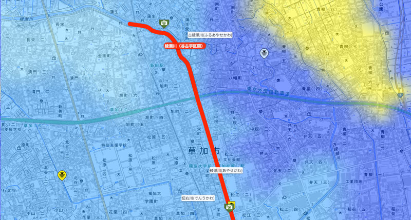 綾瀬川（利根川水系）谷古宇区間（1）＝13日午後6時29分、国土交通省より