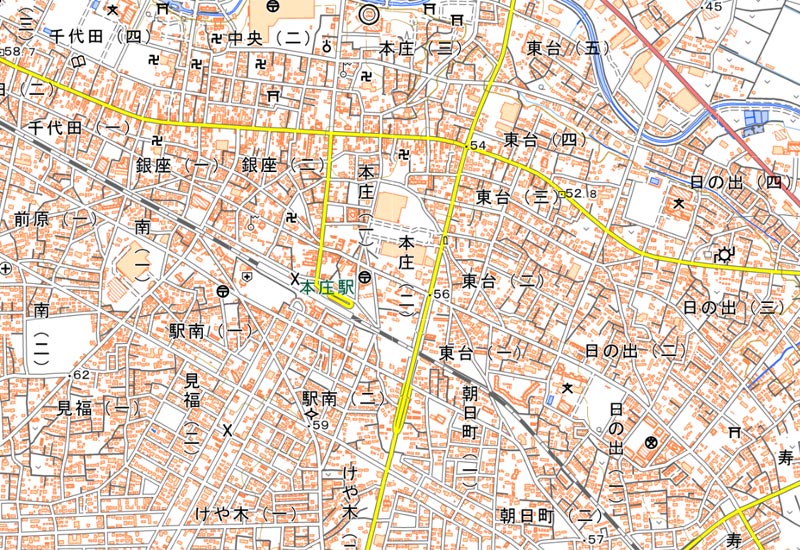 本庄市本庄2丁目周辺の地図（国土地理院HPより）