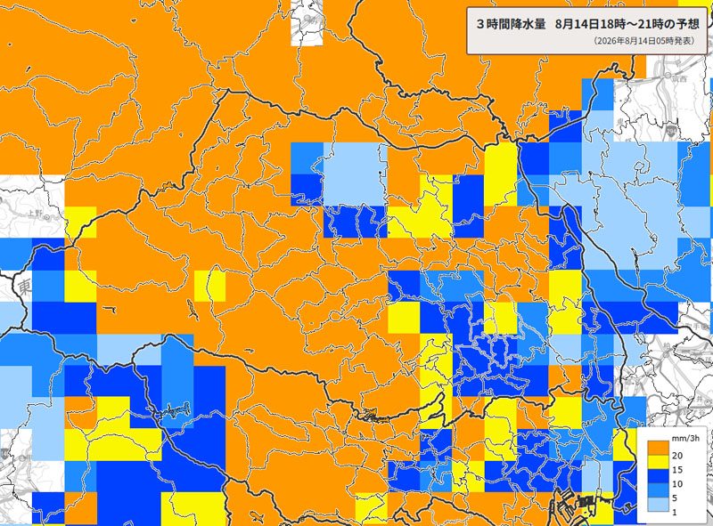 雨雲の位置。14日午後6～9時の3時間降水量予測＝14日午前5時発表、気象庁より