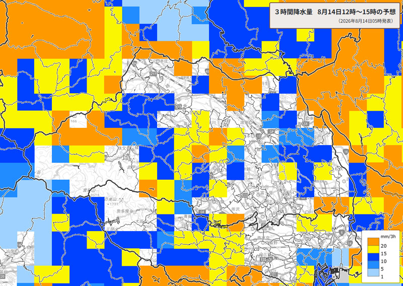雨雲の位置。14日午後0～3時の3時間降水量予測＝14日午前5時発表、気象庁より