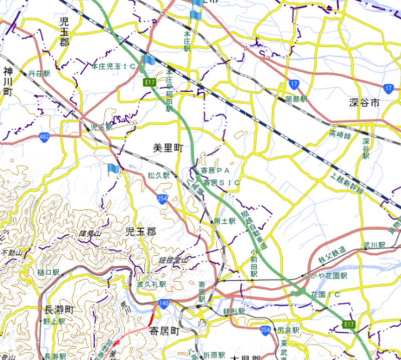 本庄児玉ICから花園IC周辺（国土地理院のHP参照）